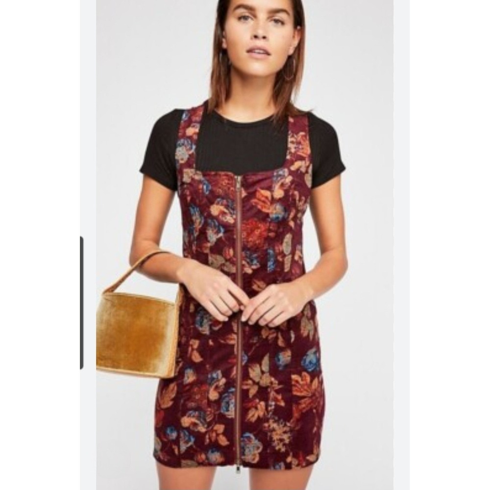 Free People Mini Dress Women 12 Burgundy Floral Corduroy Zip Front Sleeveless